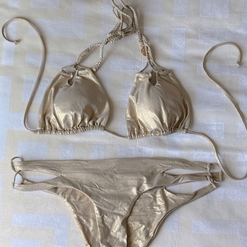 Luli Fama Gold Metallic Bikini Set NWOT